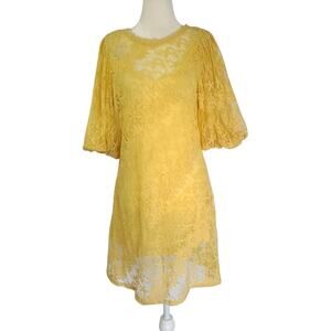 Jen's Pirate Booty Womens Yellow Embroidered Puff Sleeve Dress Small